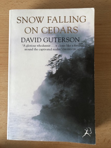 Snow falling on cedars